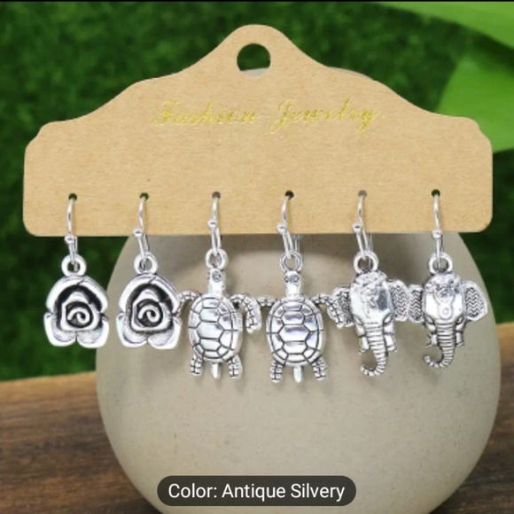 Jewelry - NWOT 3 Pairs Bundle Retro Dangle Earrings Ethnic Style Flower Turtle Elephant